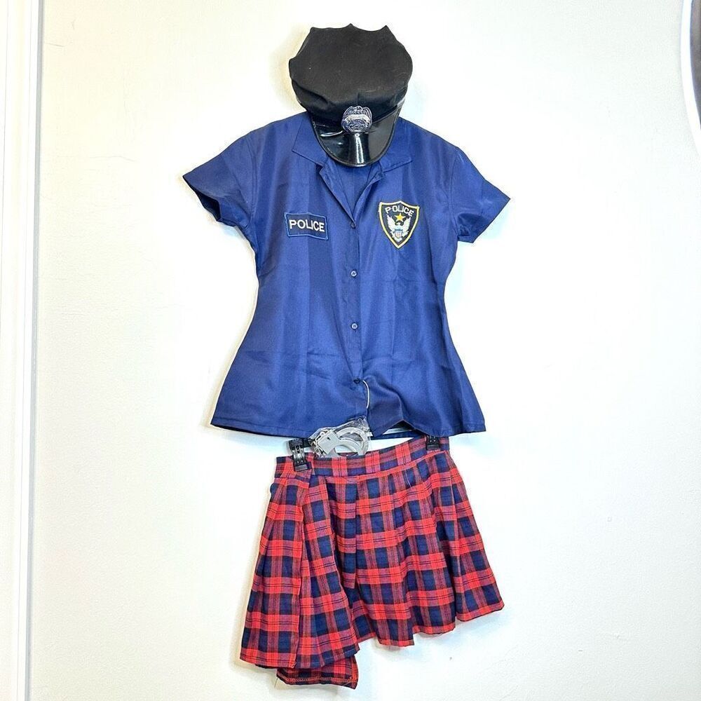 Halloween Costume Shirt Plaid Skirt Blue Red Police Officer Outfit Set Large